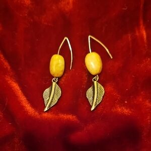 Yellow Bead & Gold Leaf Drop Earrings - Women Jewelry